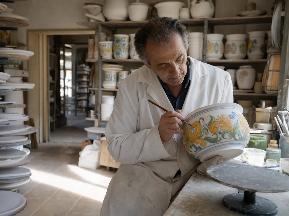 Una via di Deruta con le vetrine delle botteghe di ceramica