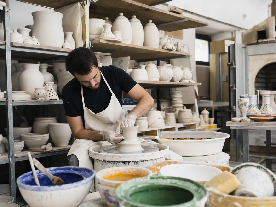 Il laboratorio con i pezzi da smaltare e il forno